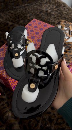black glossy tory sandals
