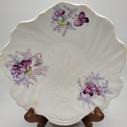 Antique Turin Ford China Shell Shaped Shadow Bowl Violet Floral Pattern 7"