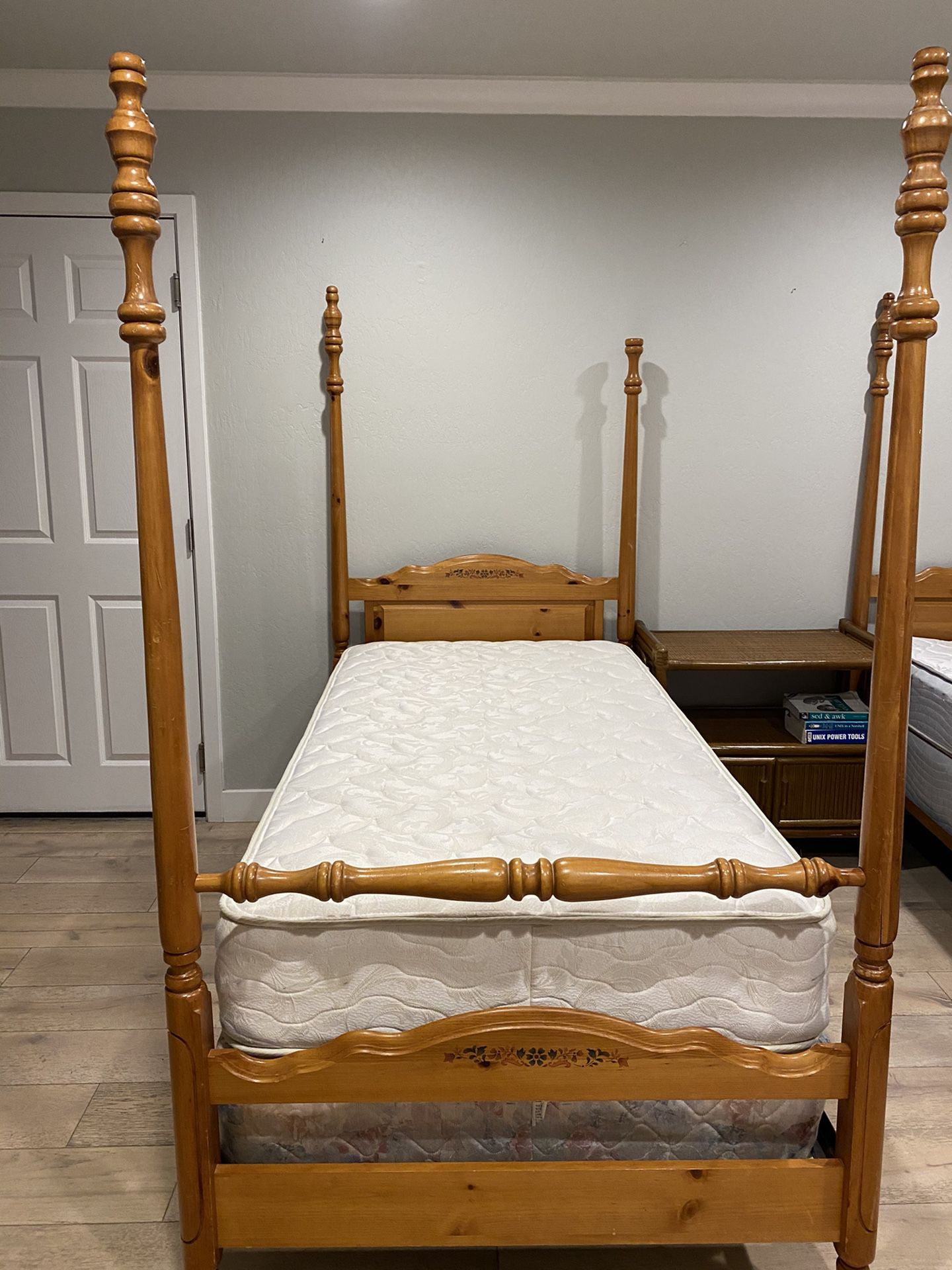 MCM Solid wood twin 4 poster bed with mattress