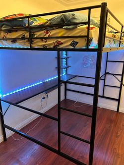 Black Metal Loft Bed with Desk and Shelves