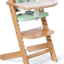 Natural Wooden High Chair for Babies & Toddlers 3-Tier Remove Adjustable Tray and Highchair with Cushions, Easy to Clean, Portable(Green)