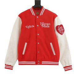 Heart Embroidered Leather Sleeves Baseball Jacket Red Human Made