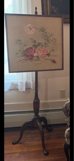 Antique Needlepoint Fire Screen on Tripod Stand