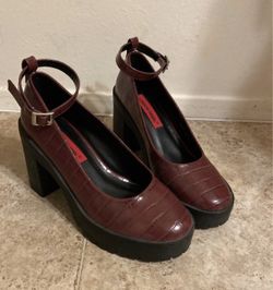 Burgundy Faux Croc Leather Chunky Heels