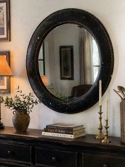 45” Oversized Black Crackle Round Wall Mirror | Rustic / Tuscan / Farmhouse