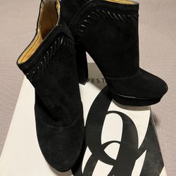 Black Suede High Heel Bootie W/Fringe 8.5