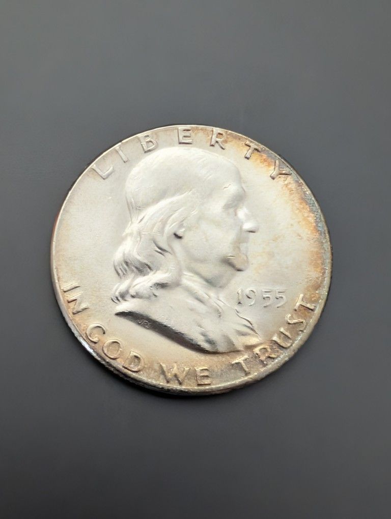 1955 Key Date Franklin Half Bu Rainbow Toned Coin