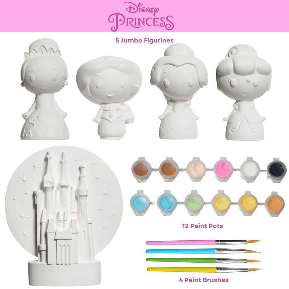 Disney Princess DIY Paint Your Own Figurines Arts and Crafts Set for Girls, Jumbo Figurines, Paint, Paint Brush