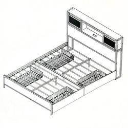 New Grey Queen Size LED Platform Bed Frame with Shelves and 4 Storage Drawers Headboard Charge Station