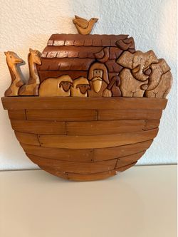 Hand Crafted Wood Noah’s Ark Wall Decor Intarsia Multi Tone