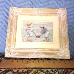Vintage Framed Needlepoint Of Kids