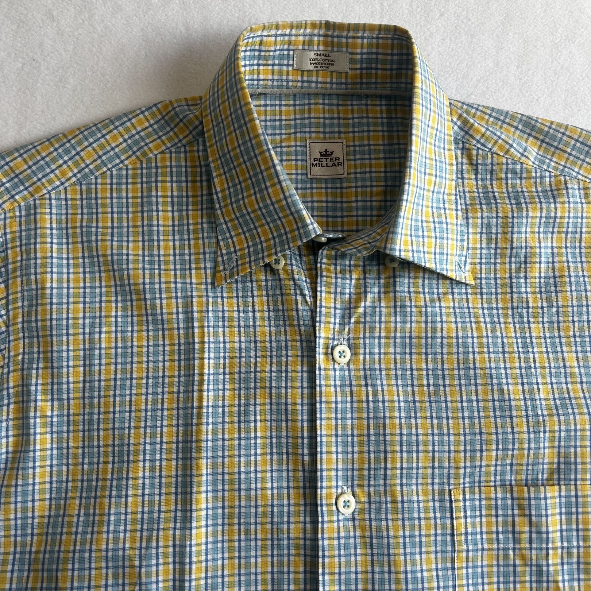 Peter Millar Men’s Small Yellow Blue Plaid Short Sleeve Button Down Shirt