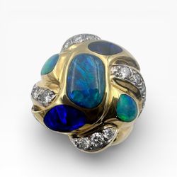18K Yellow Gold Ring with Australian Opals Lapis and Diamonds. (Size 11.00)