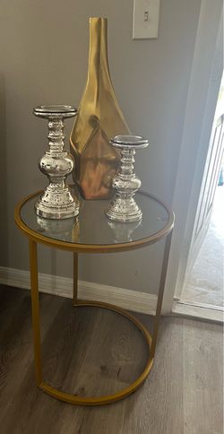 Gold Metal and Glass Round Side Table with both. andelagros and gold vace