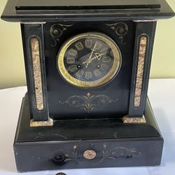 Antique French Black Slate Flower Deco Gong Chime Mantle Clock 14" x 12" x 7"