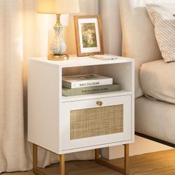 Apetaccat Rattan Nightstand, Boho Night Stand Farmhouse Wood Bedside Table