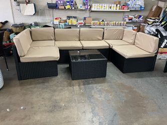 7-Piece Black Wicker Outdoor Sofa Sectional Set Patio Seating Sets with Khaki Cushions