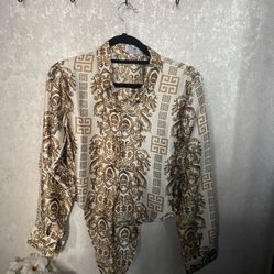 Versace Or D Ior Print Silk Long Sleeve Shirt