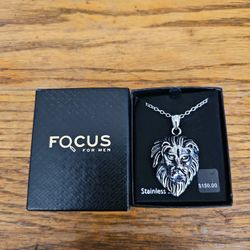 Mens Stainless Steel Lion Head Pendant Necklace 