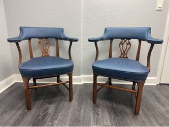 Classy Wooden Accent Chairs – Blue Fabric with Arm Rests (Set of 2)