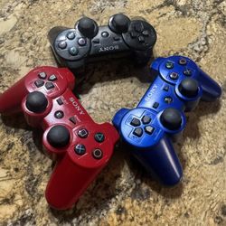 Three Sony PS3 DualShock 3 Wireless Controller – Black Red Blue - OEM Original Tested