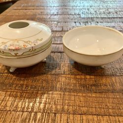 Vintage Hand Painted Japanese Porcelain Dresser Set Hair Receiver & Trinket Dish