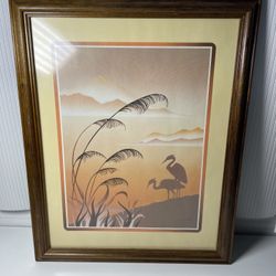 Vtg Boho Framed Art Print JC Wood Crane Water Signed Orange Brown Bird 12x16