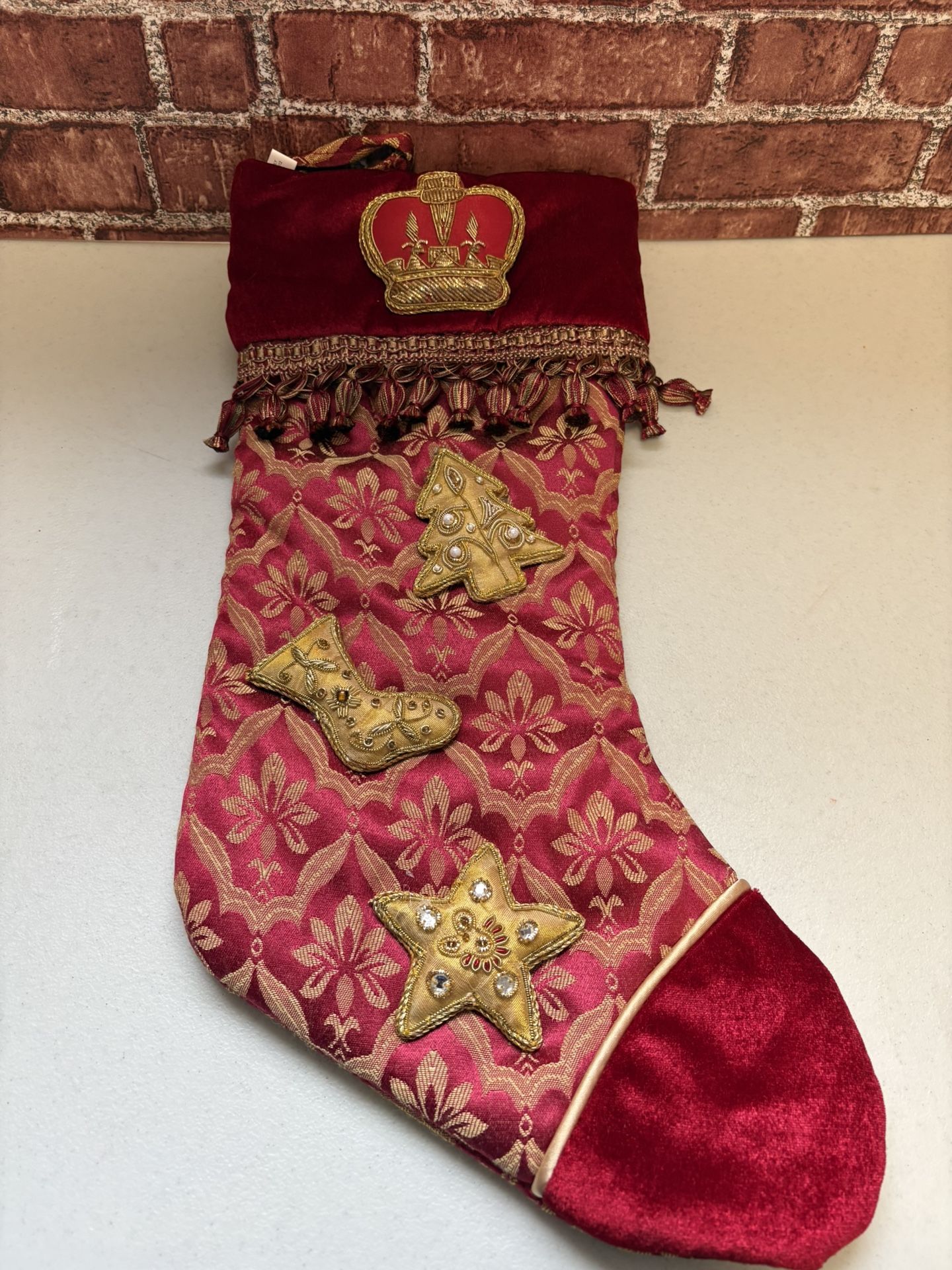 Merry Christmas Stocking Red Gold Embroidered Tassel Holiday Used ( 3A)