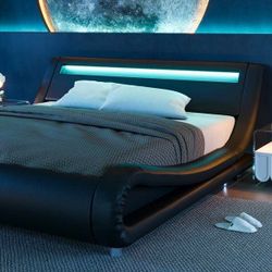 LED Sleigh Bed with Functional Headboard, Faux Leather, No Box Spring Needed, Black, King