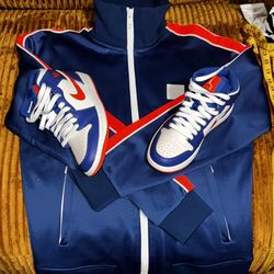 Nike Air Jordan 1 Mid "Knick" Game Royal Blue/Orange Sz 4 W/ matching Diesel jacket