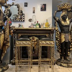 Luxury Egyptian King Tut Bar Set – 2 Statues + Stools – Man Cave / Home Bar 