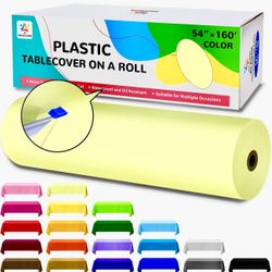 54-Inch x 160-Foot Plastic Table Cover Roll with Cutter Box, Custom-Sized Plastic Tablecloths for Parties, Birthdays, Disposable Tablecloth Roll