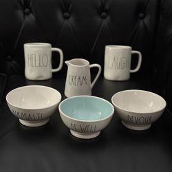 RAE DUNN MUGS AND BOWELS GOOD CONDITION FOR ALL $60 SOLD SEPARATELY $14 EACH