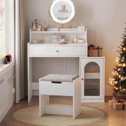 , Makeup Vanity Desk with Rotatable Mirror and Lights, White Make Up Vanity Table with 3 Adjustable Lighted and Chair, Makeu