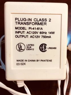 Plug-in Class 2 Transformer. Pantene. Like new condition. Input: AC 120V 60Hz 14W Output: AC 12V 750mA