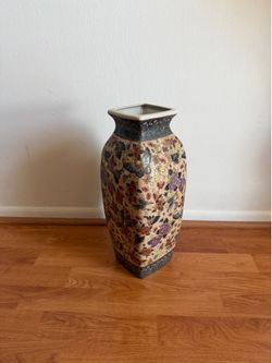 Crackle Finish Chinese Vase | Enamel Painted Flower and Butterfly Design Pottery