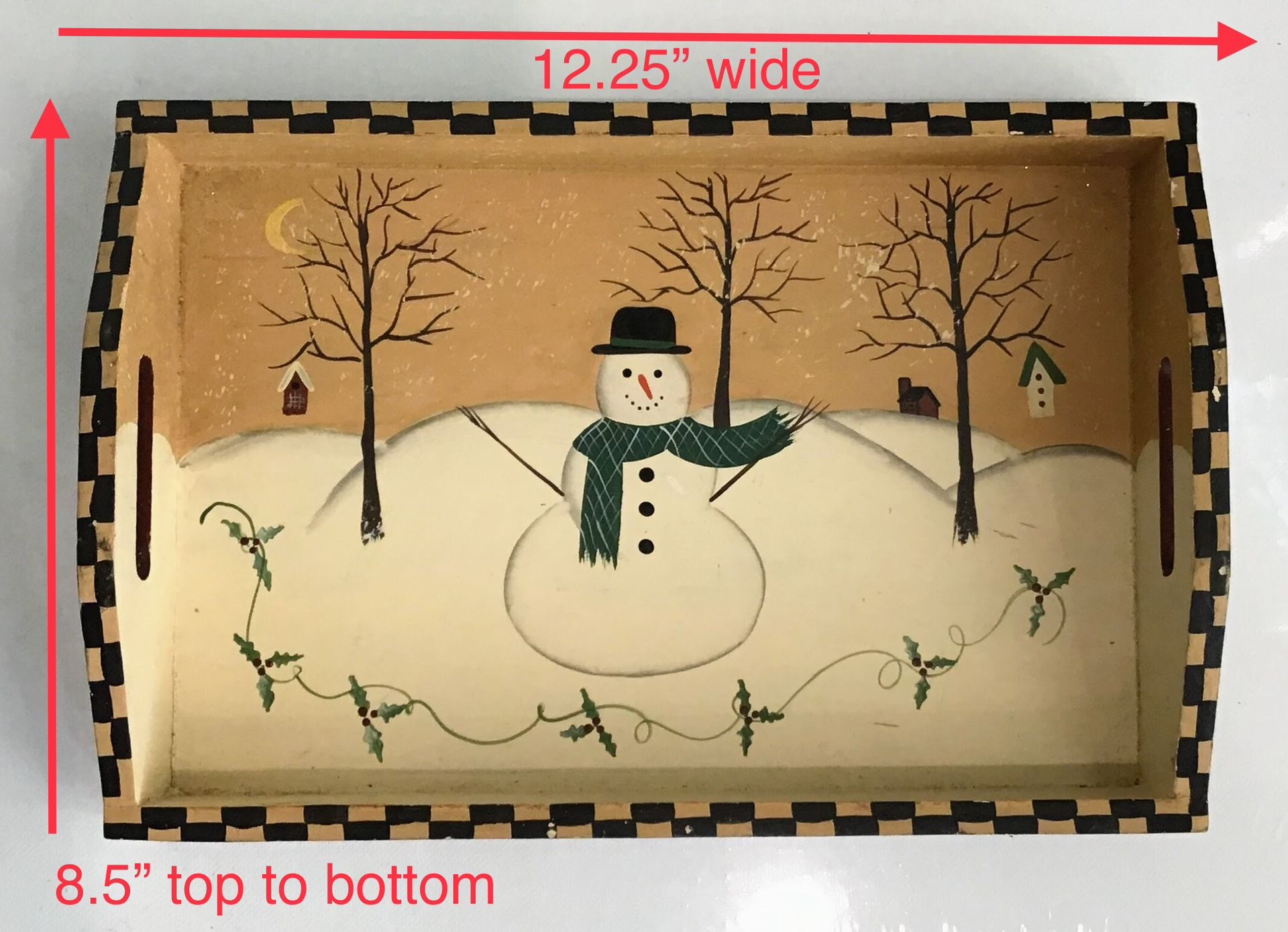 Wooden Holiday Tray with Snowman Scene