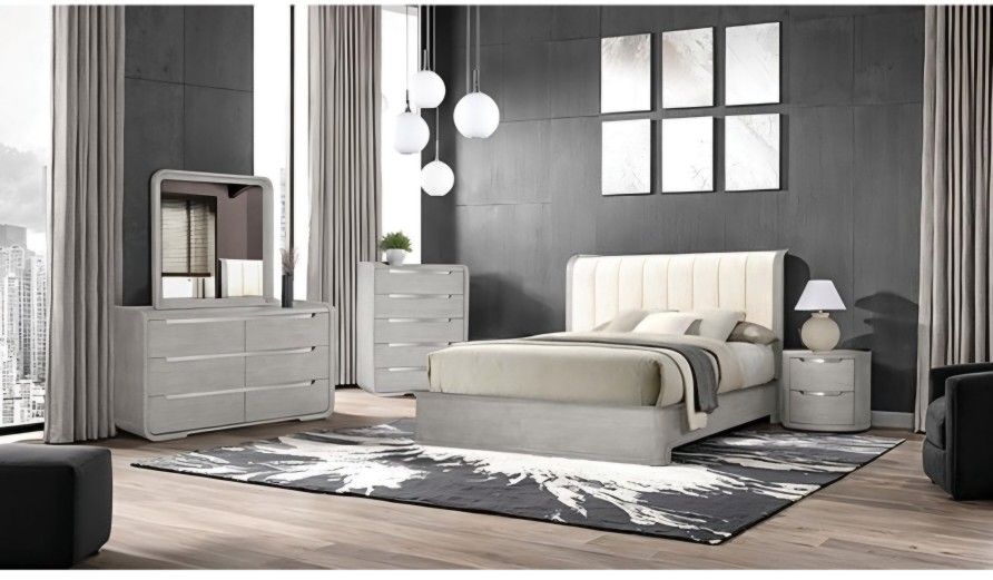 Bedroom Set 4 Pc Light Grey Finish, Solid Wood, Others. New Especial Price