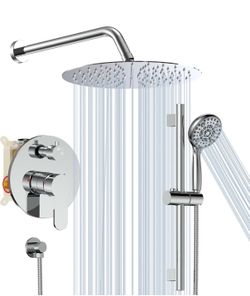 SR SUN RISE 12 Inch Shower System, Slide Bar Shower Faucets Sets Complete Round Shower Heads and 6-Spray Handheld Combo, Wall Mounted Dual Shower Set 
