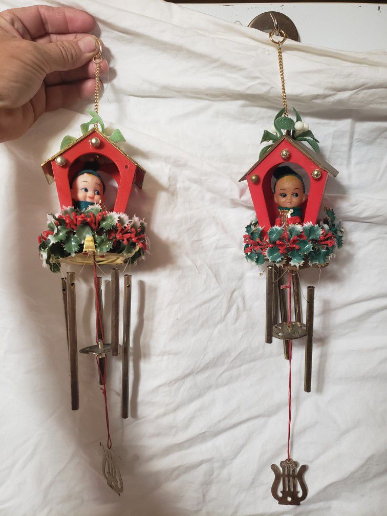 2- VTG Pixie Sentry Christmas Elf Wind Chimes *Holidays Hanging Decoration*