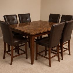 Granite Table, Rewood, 6 Real Leather Chairs Dining Set