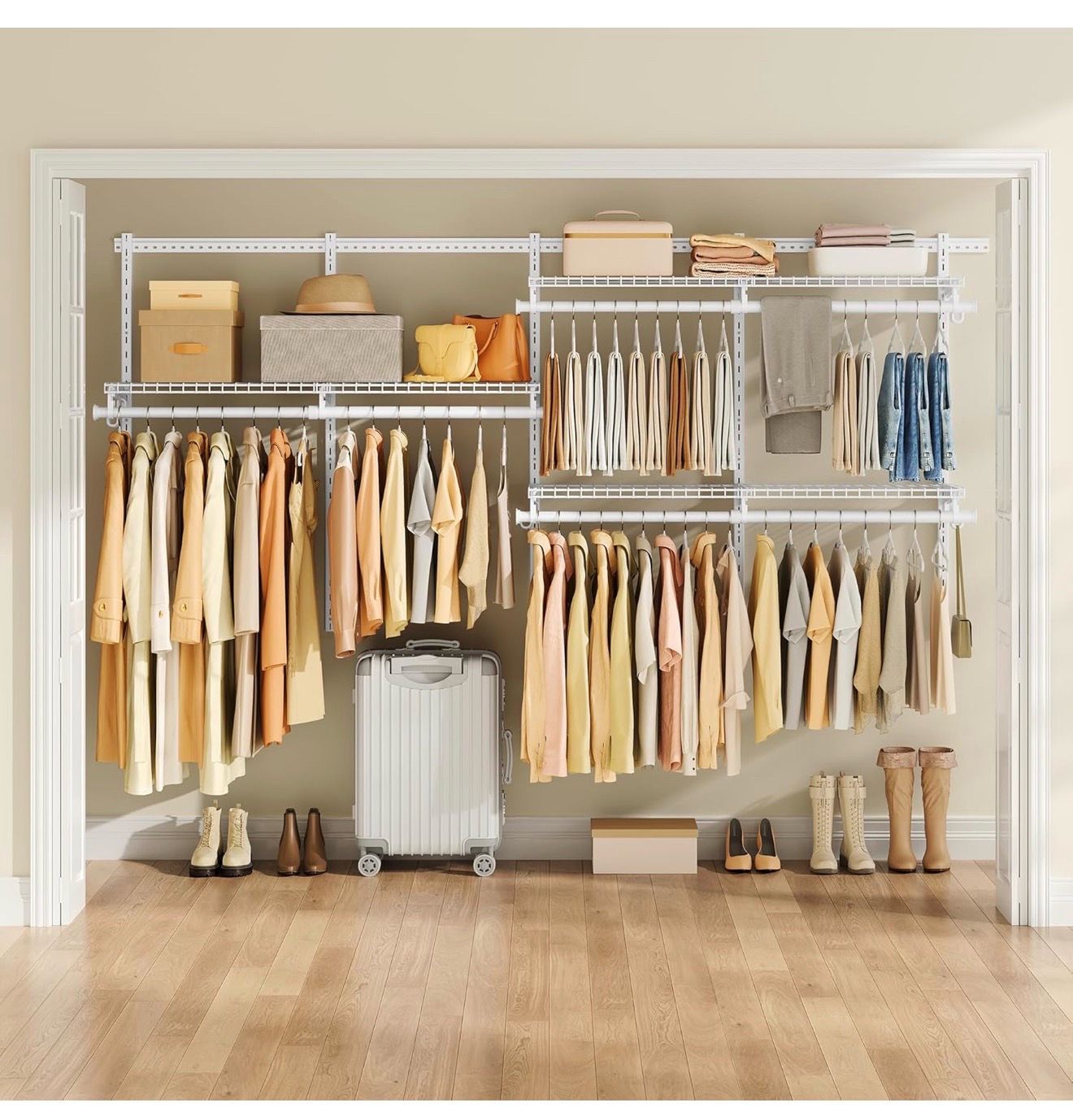 HOME Closet System, Closet Insert Organizer, 4-6 ft, Adjustable Metal Shelving Unit with 6 Hanging Rods, 6 Shelves, and Hooks, for Pantry Mudroom Gara