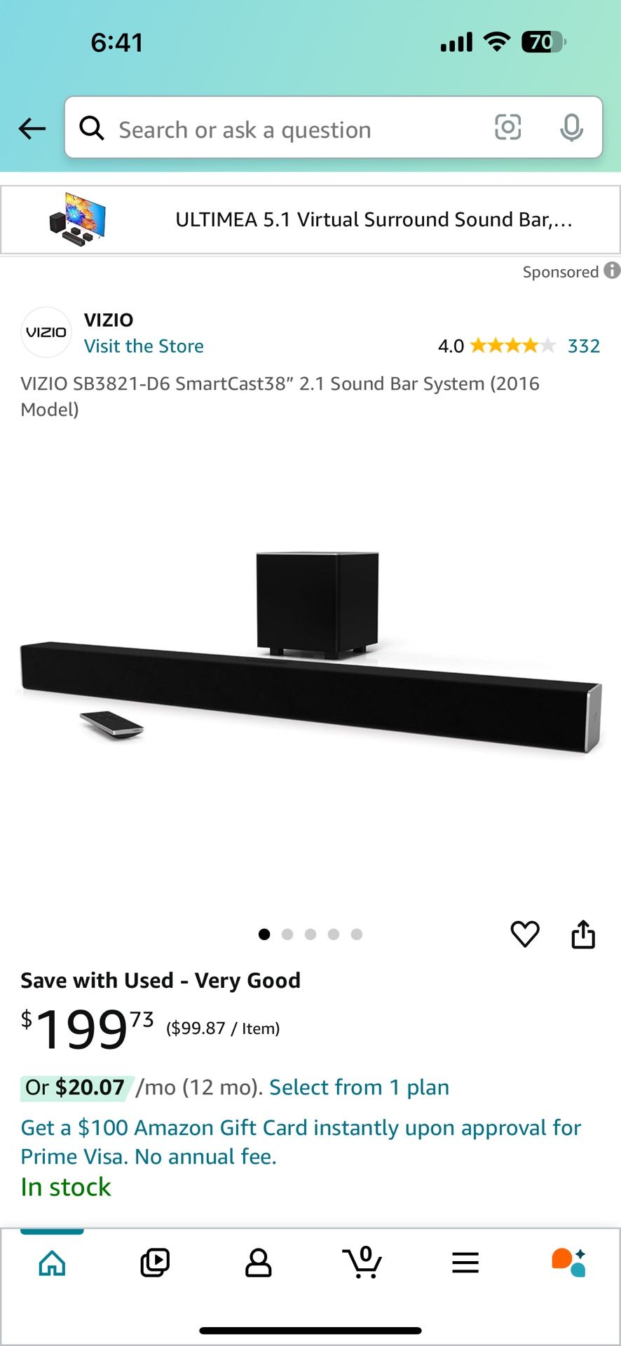 vizio sound bar sb3821-d6 USED