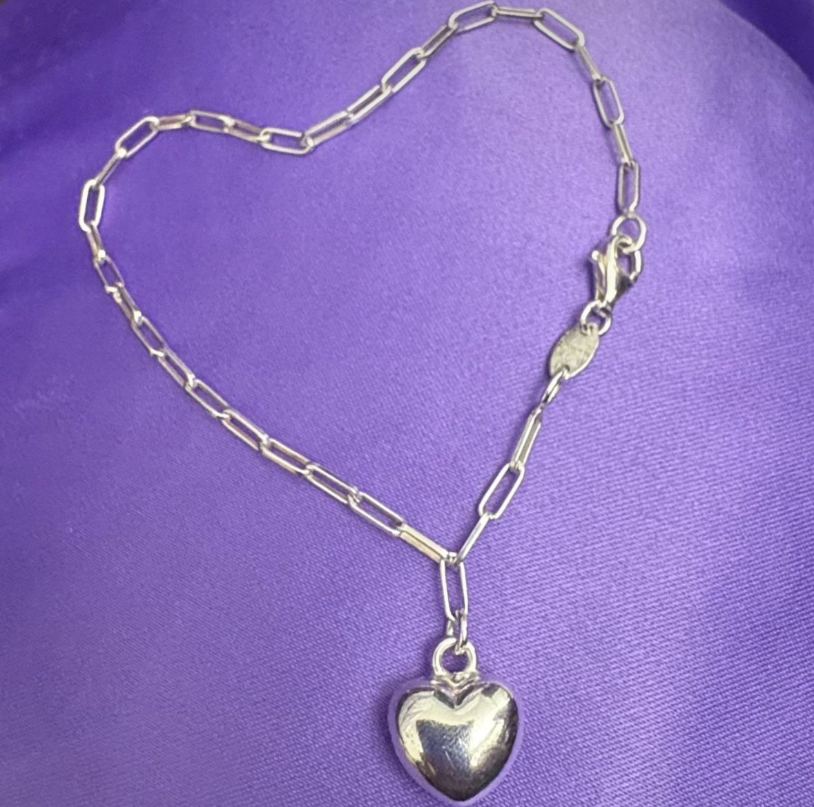 Sterling Silver Puffy Heart Charm Paperclip Bracelet