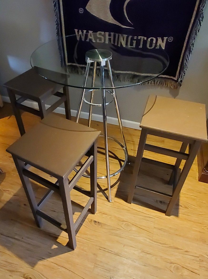 Glass Top Table And 3 Wooden Stools