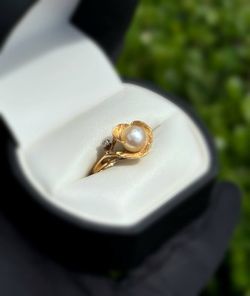 Jewelry 14k solid yellow gold natural diamonds pearl 1.30CTW flower ring size 5.50