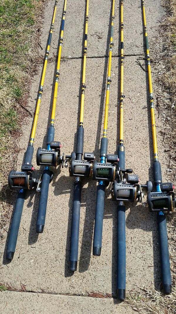 6 Eagle claw downrigger rods on Diawa Accudepth 47 Line counter reels