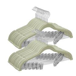 SONGMICS 16.7" Pants Long Velvet Hangers w/ Adjustable Clips Set of 30 - Green