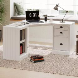 58" White L-Shaped Corner Computer Desk w/ Storage Cabinets / Open Shelves  [NEW] **Retails for $600