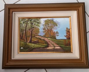 Vintage Signed Original Oil Painting Woodland Country Path Framed 16"×23"
Original hand‑painted landscape oil artwork, country trail with trees and wa